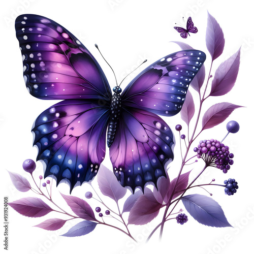 purplebutterfly in watercolour realism isolated on white background photo