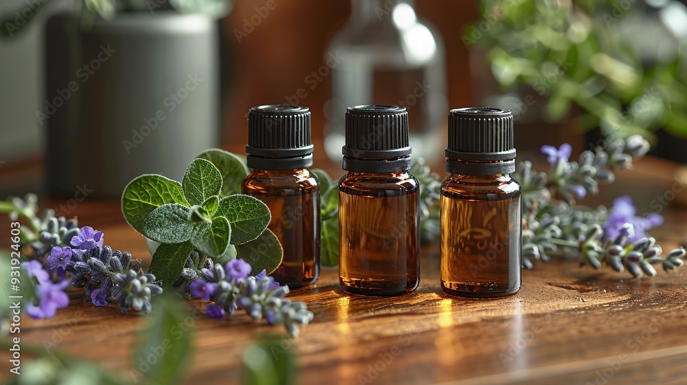 A close-up of essential oil bottles with fresh lavender and eucalyptus leaves, highlighting the natural ingredients used in aromatherapy A close-up of essential oil bottles with fresh lavender and eucalyptus leaves, highlighting the natural ingredients used in aromatherapy