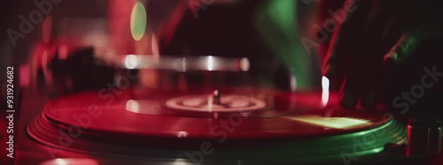 Wallpaper Mural Extreme close-up view of a professional dj's hand scratching vinyl record on turntable on a party under spotlights Torontodigital.ca