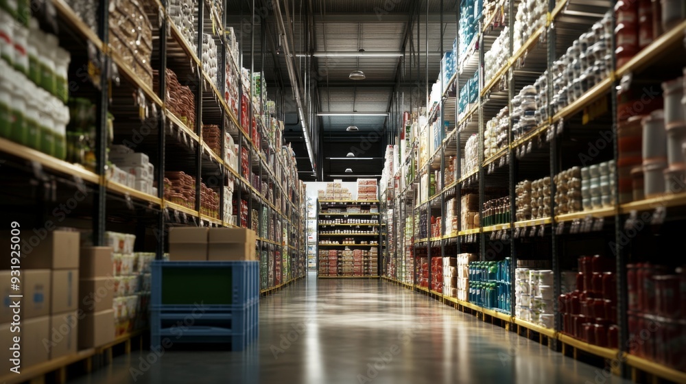 In a spacious warehouse, wide aisle is filled with neatly stacked pallets alongside various products In a spacious warehouse, wide aisle is filled with neatly stacked pallets alongside various products
