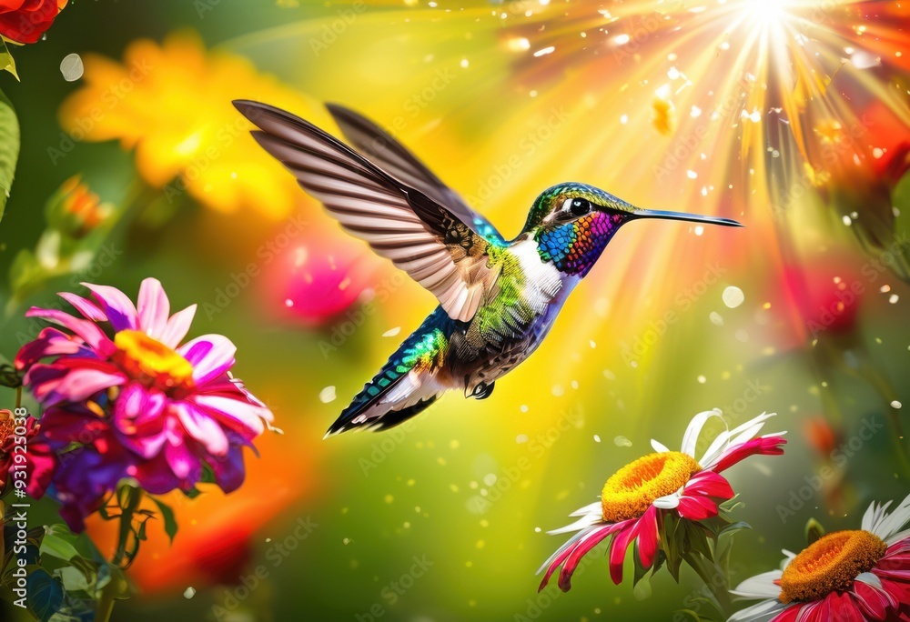 vibrant hummingbird hovering amidst colorful flower garden featuring variety bright blooms lush green foliage, petal, nectar, flora, nature, wildlife, beauty vibrant hummingbird hovering amidst colorful flower garden featuring variety bright blooms lush green foliage, petal, nectar, flora, nature, wildlife, beauty