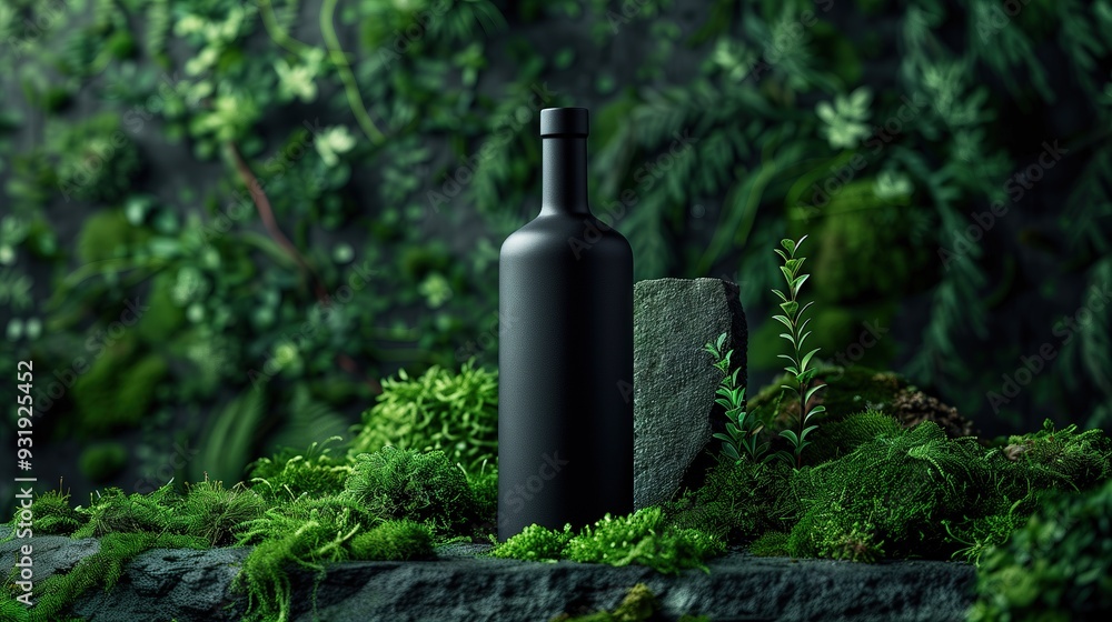 Black stylish bottle on a background of stones and moss Black stylish bottle on a background of stones and moss