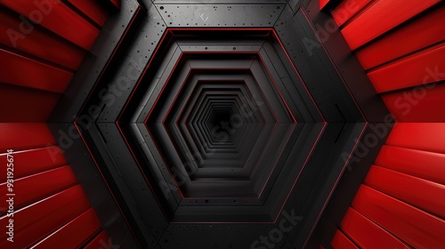 Abstract red and black hexagonal tunnel.