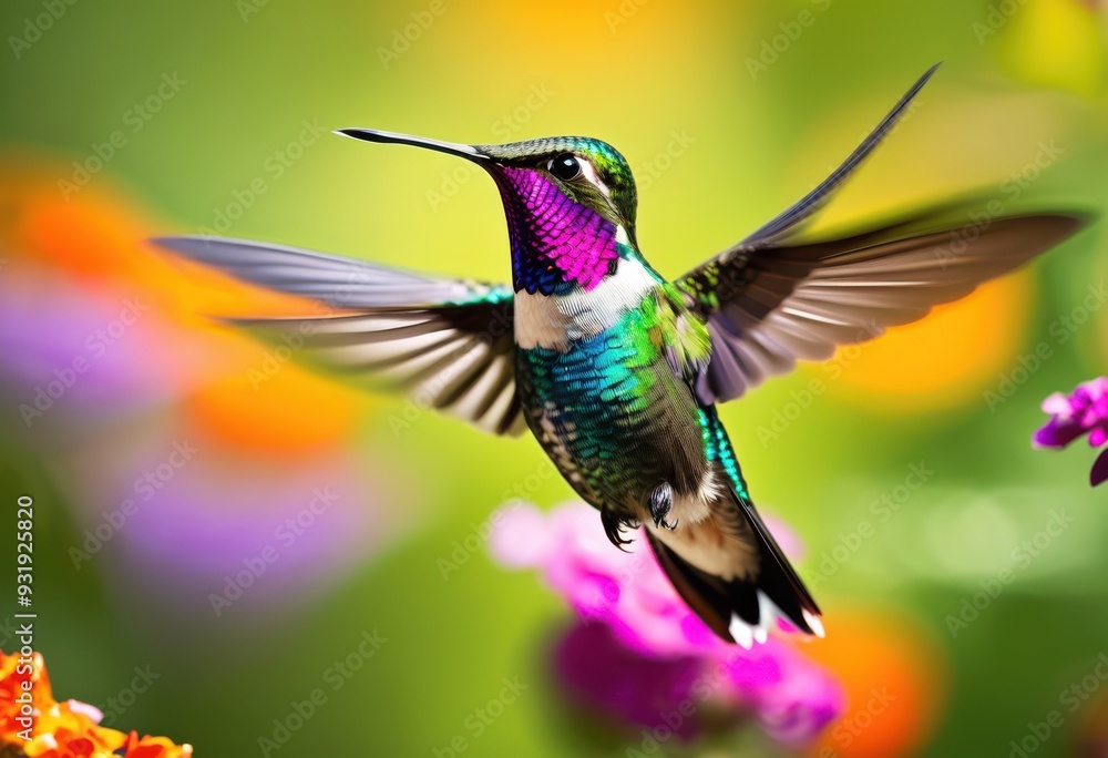 Fototapeta premium close vibrant hummingbird lush natural habitat surrounded colorful flowers greenery, nature, wildlife, flora, fauna, tropical, wings, nectar, pollination