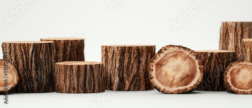 A set of tree stumps with different cuts and bark patterns, 3D illustration, isolated on white background photo