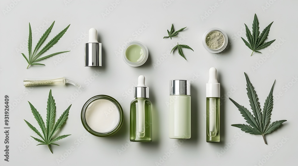 Arrange of hemp infused skincare products including lotions and creams presented on a clean white background for a natural soothing and rejuvenating self care experience Arrange of hemp infused skincare products including lotions and creams presented on a clean white background for a natural soothing and rejuvenating self care experience
