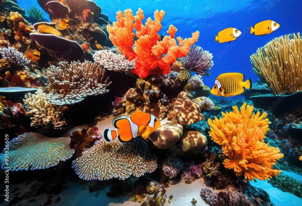 Fototapeta premium vibrant coral reef habitat featuring colorful marine life graceful swimming turtles clear tropical ocean environment, fish, underwater, sea, ecosystem