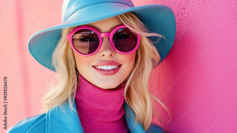 Fashionable happy smiling blonde woman wearing trendy pink sunglasses, turtleneck, blue leather bucket hat, fuchsia color coat, posing on colorful background. Close up outdoor portrait Fashionable happy smiling blonde woman wearing trendy pink sunglasses, turtleneck, blue leather bucket hat, fuchsia color coat, posing on colorful background. Close up outdoor portrait