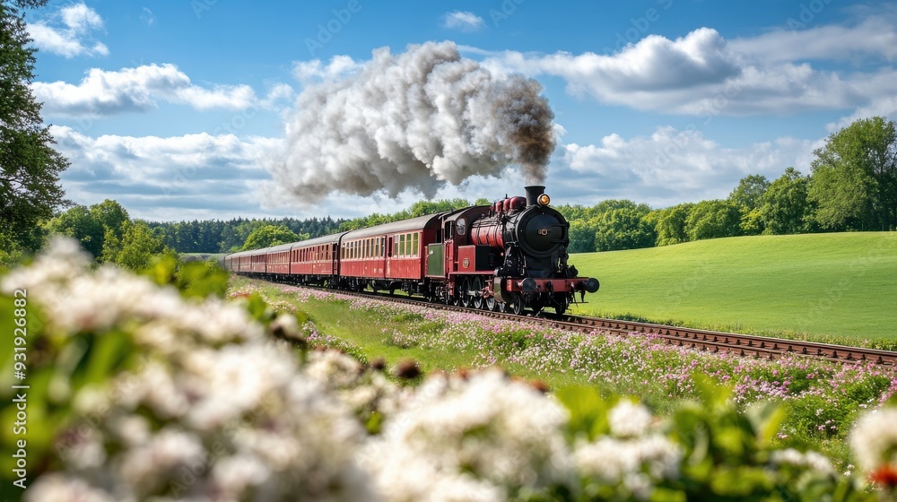 Obraz premium A vintage steam train travels through lush green fields under a blue sky, creating a nostalgic and picturesque scene.
