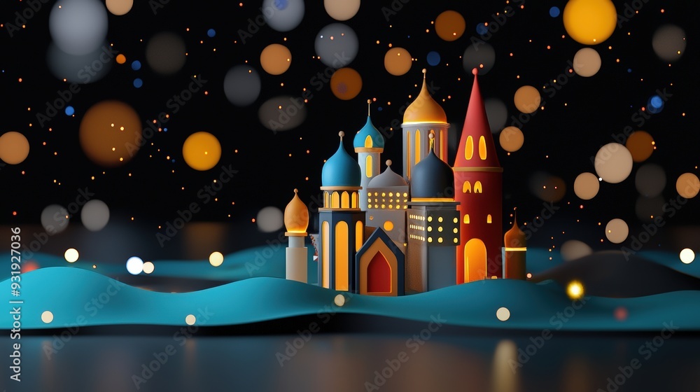 A whimsical castle made from colorful shapes, set against a dark background with vibrant, glowing lights creating a magical atmosphere. A whimsical castle made from colorful shapes, set against a dark background with vibrant, glowing lights creating a magical atmosphere.