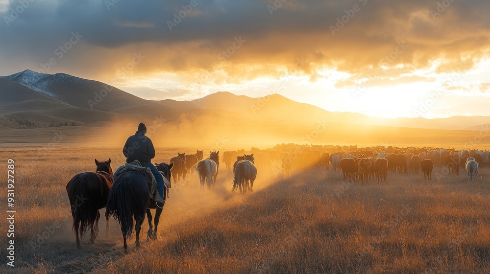 Naklejka premium Cowboy Herd Sunset.