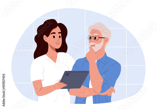 A patient visits a doctor. Doctor with tablet and health results, advice and report. Vector illustration in a simple style