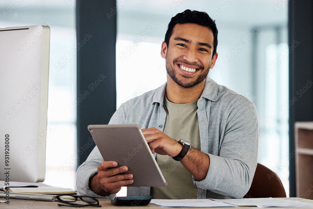 © Nina2024/peopleimages.com - Business man, tablet and portrait in office with website design, content creation and digital layout update. Smile. happy and creative employee at startup agency with tech and working on online app