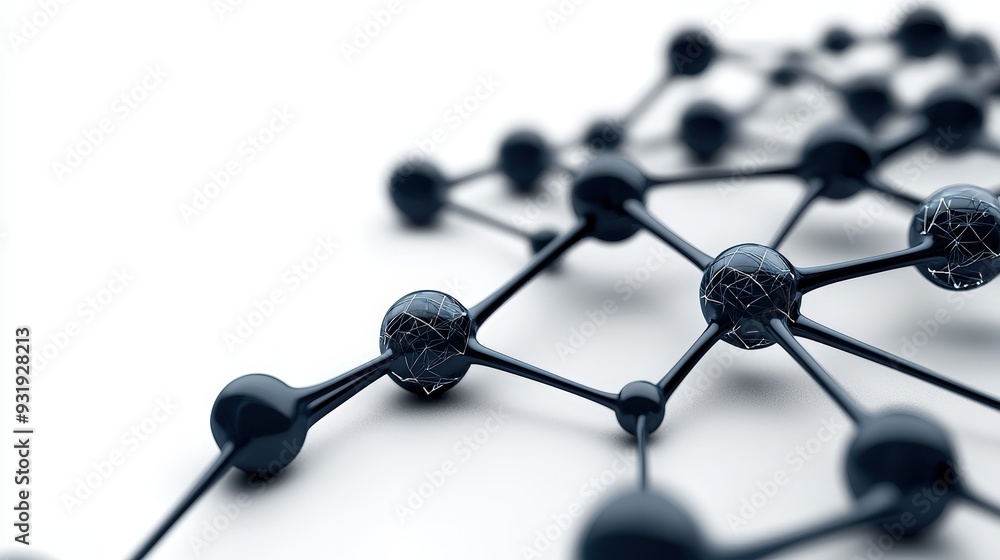 Close-up view of molecular structure with dark spheres and connecting bonds, showcasing the complexity of chemical interactions. Close-up view of molecular structure with dark spheres and connecting bonds, showcasing the complexity of chemical interactions.