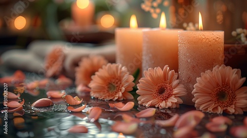 A serene spa environment with herbal massage oils, aromatherapy candles, and fresh flower petals, creating a calming atmosphere for relaxation and healing