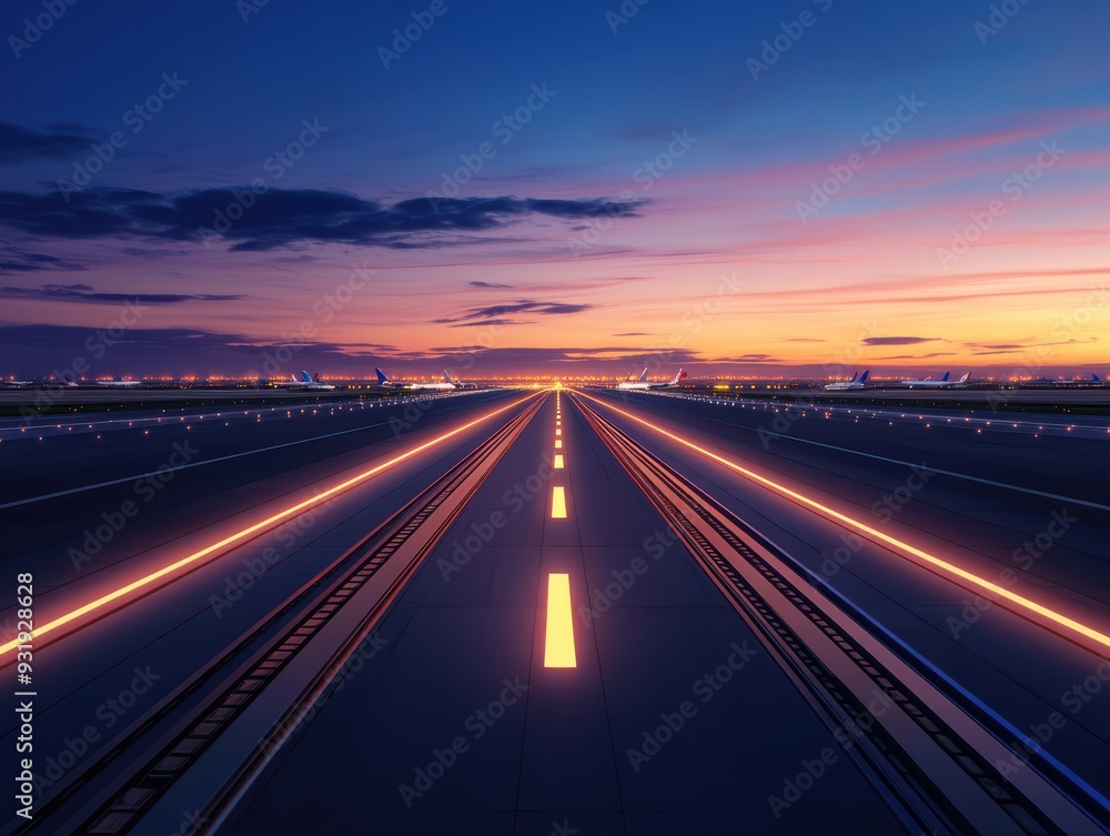 Obraz premium A stunning sunset view of a highway stretching into the horizon, reflecting golden hues against a clear evening sky.