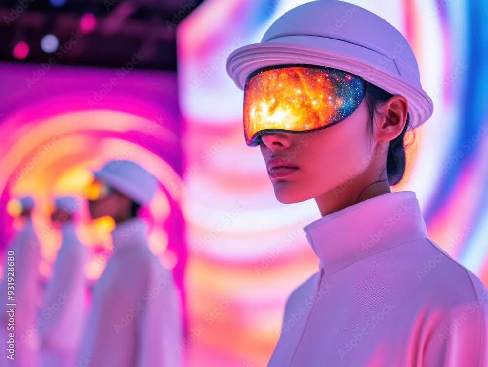 Futuristic model wearing high-tech visor against a vibrant, colorful backdrop, showcasing innovation and modern aesthetics. Futuristic model wearing high-tech visor against a vibrant, colorful backdrop, showcasing innovation and modern aesthetics.