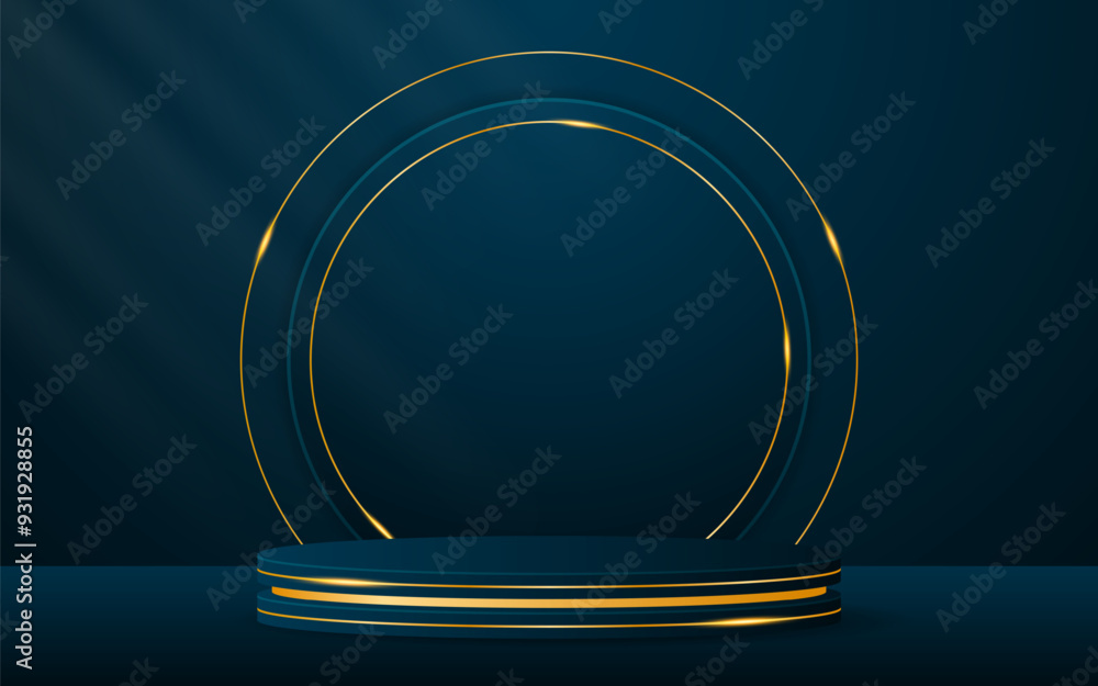 Blue podium has a blue round shape and elegant gold lines on the back for advertisement display. Cosmetic product display. Stage or podium. vector illustration Blue podium has a blue round shape and elegant gold lines on the back for advertisement display. Cosmetic product display. Stage or podium. vector illustration
