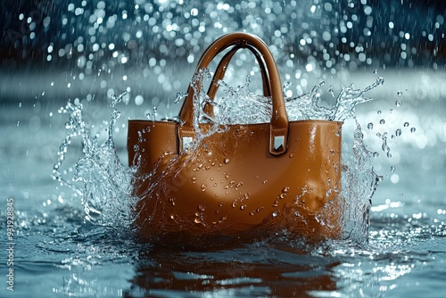 A luxury woman bag under the rain raindrops on fashion handbag, water made splish splash photo