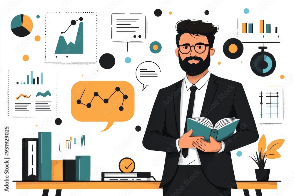 Businessman with Book and Data Charts Businessman with Book and Data Charts