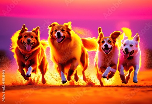 vibrant silhouettes lively dogs vivid colors showcasing dynamic poses playful expressions bright background, art, design, shape, outline, canine, graphic photo