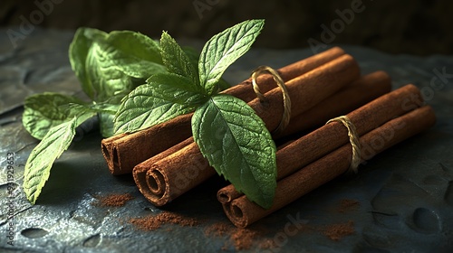 Cinnamon Sticks and Fresh Mint Leaves on a Slate Surface photo