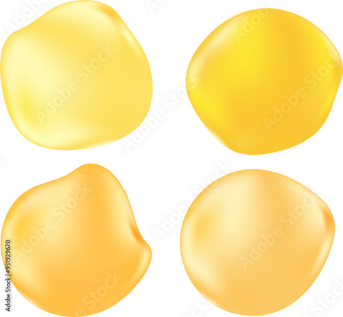 Gold oil 3d molecule blobs or droplets isolated transparent background, hyaluronic acid or collagen, bio cell, vector scientific icon. Cosmetology elements. Beauty science or vitamin molecule essence