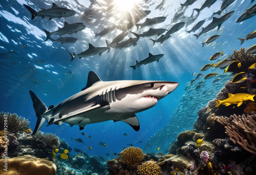 Fototapeta premium dynamic underwater footage sharks displaying power agility their natural habitat, ocean, marine, predator, swimming, wildlife, blue, fin, tail, coral, reef