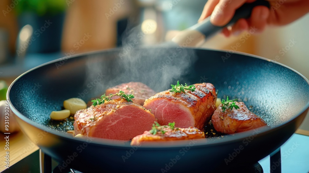 A close-up of ham sizzling in a pan, with garlic and herbs, steam rising A close-up of ham sizzling in a pan, with garlic and herbs, steam rising