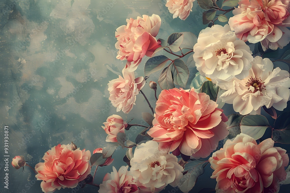 Elegant Floral Arrangement with Soft Pink and White Roses on a Textured Background Elegant Floral Arrangement with Soft Pink and White Roses on a Textured Background