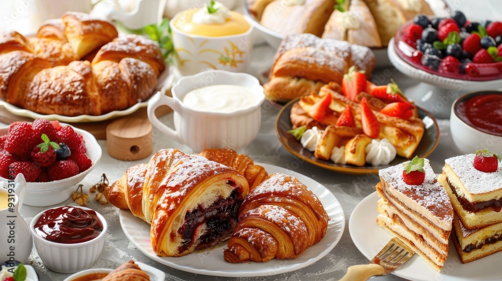 desserts and pastries It is a tempting and delightful spread that consists of various sweet treats such as croissants French toast layered desserts and sauces desserts and pastries It is a tempting and delightful spread that consists of various sweet treats such as croissants French toast layered desserts and sauces