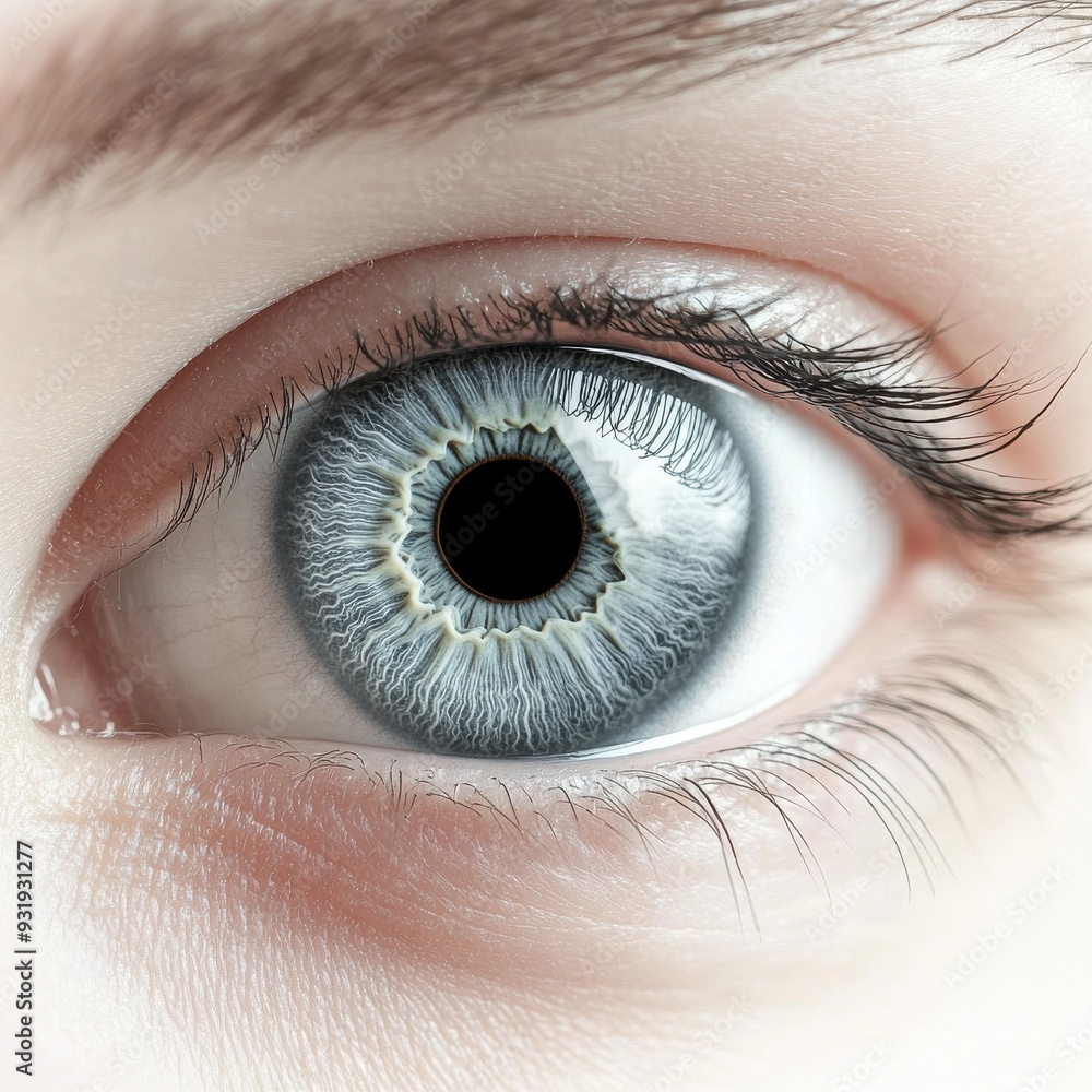 Fototapeta premium An isolated white background shows a beautiful blue female eye