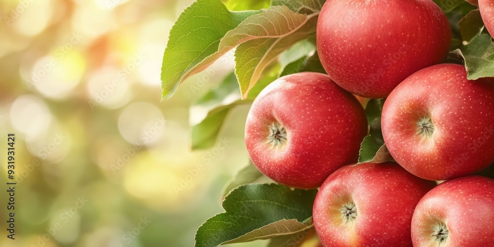 A close-up of a cluster of juicy, red apples on a farm tree, with a backdrop of autumn leaves and blurred greenery, emphasizing the natural, organic quality and vibrant color of the fruit A close-up of a cluster of juicy, red apples on a farm tree, with a backdrop of autumn leaves and blurred greenery, emphasizing the natural, organic quality and vibrant color of the fruit