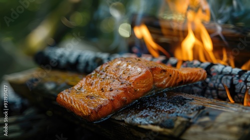 Delicious salmon filet cooking over a wood fire photo