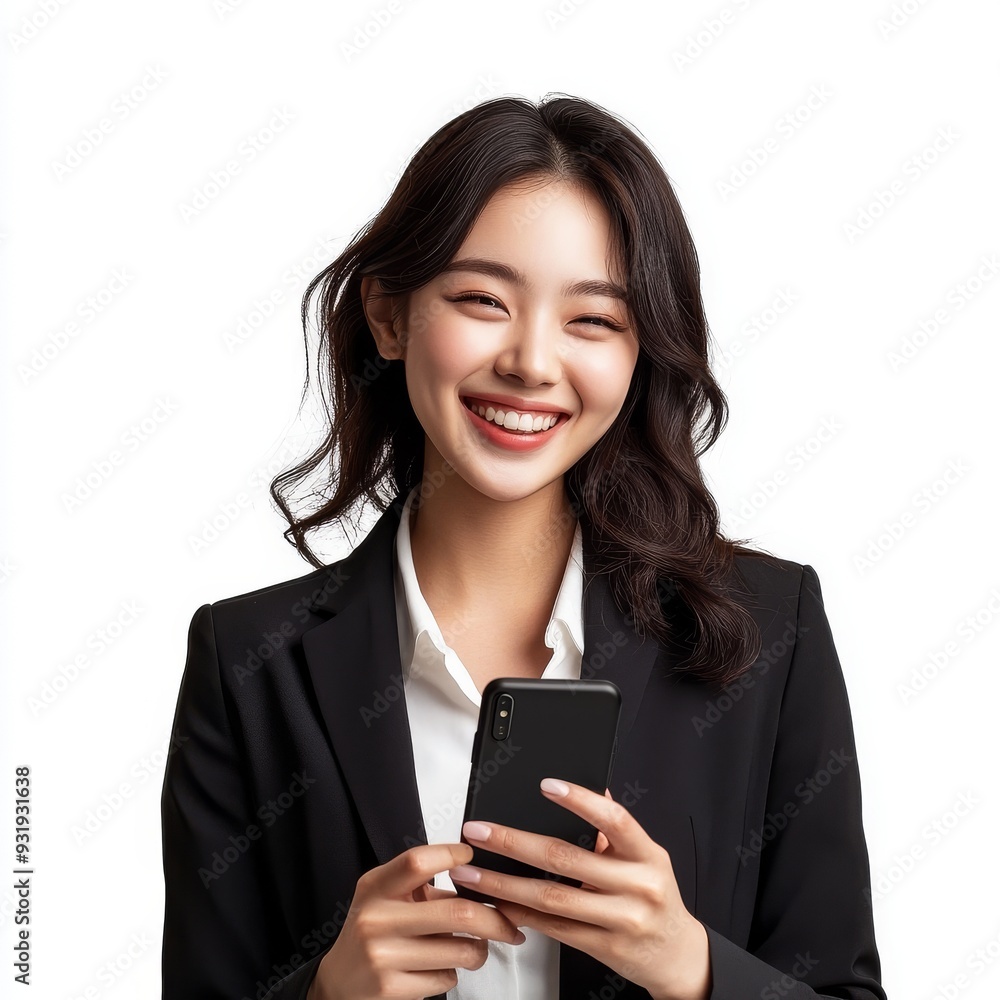 An isolated white background shows a woman texting and smiling on her cell phone An isolated white background shows a woman texting and smiling on her cell phone