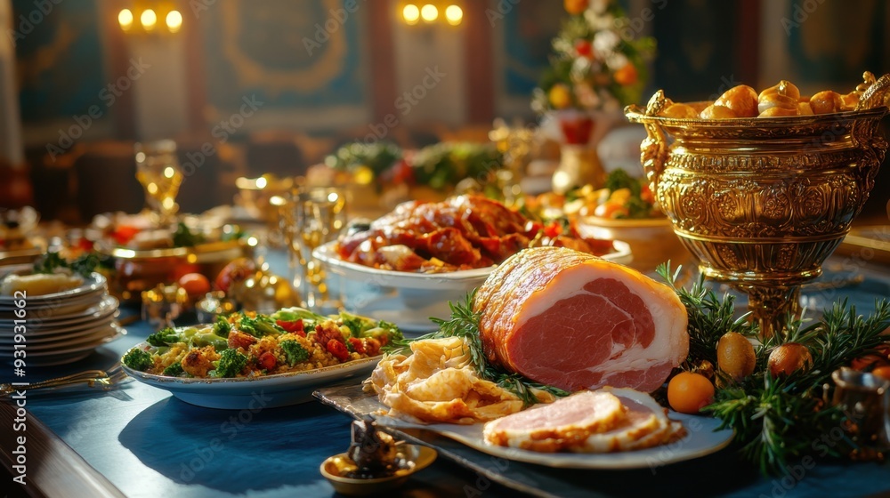 A luxurious spread of ham and other meats at a lavish banquet, with ornate decor A luxurious spread of ham and other meats at a lavish banquet, with ornate decor