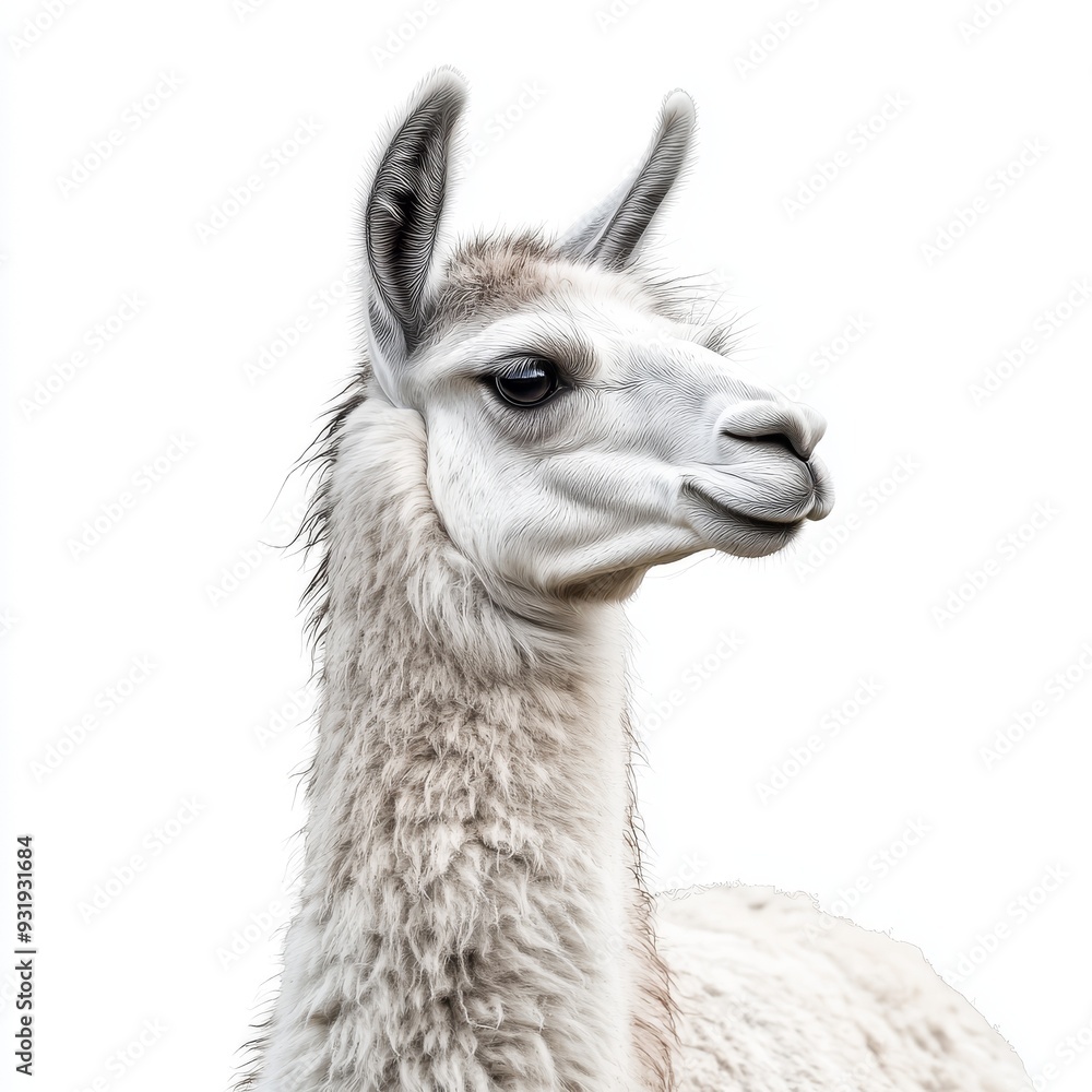 Obraz premium A close-up of a llama's face is isolated on a white background with a cut-out transparency