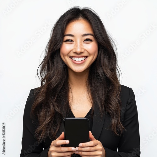 A woman is texting on her cell phone and smiling in front of a white background