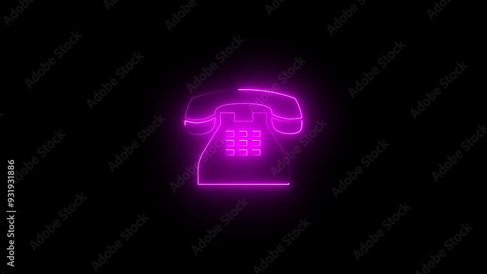 Neon glowing pink telephone icon animation in black background.