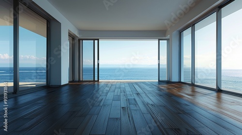 Fototapeta Naklejka Na Ścianę i Meble -  Empty room with dark wooden floating laminate flooring House interior wide bedroom or living room space Newly beach apartment or house with sea view Wood floor Real state or property management