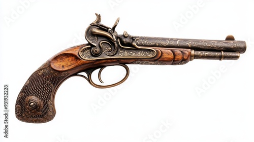 PNG file of an old pirate flintlock pistol, a pirate gun weapon on a transparent background