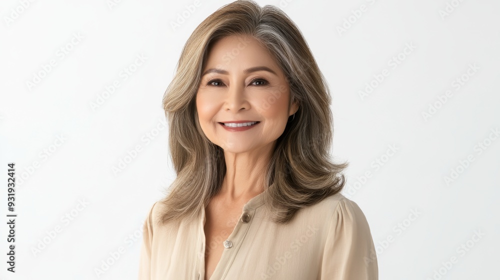 The portrait of a friendly elderly woman with gray hair wearing a linen shirt is isolated on white. The portrait of a friendly elderly woman with gray hair wearing a linen shirt is isolated on white.
