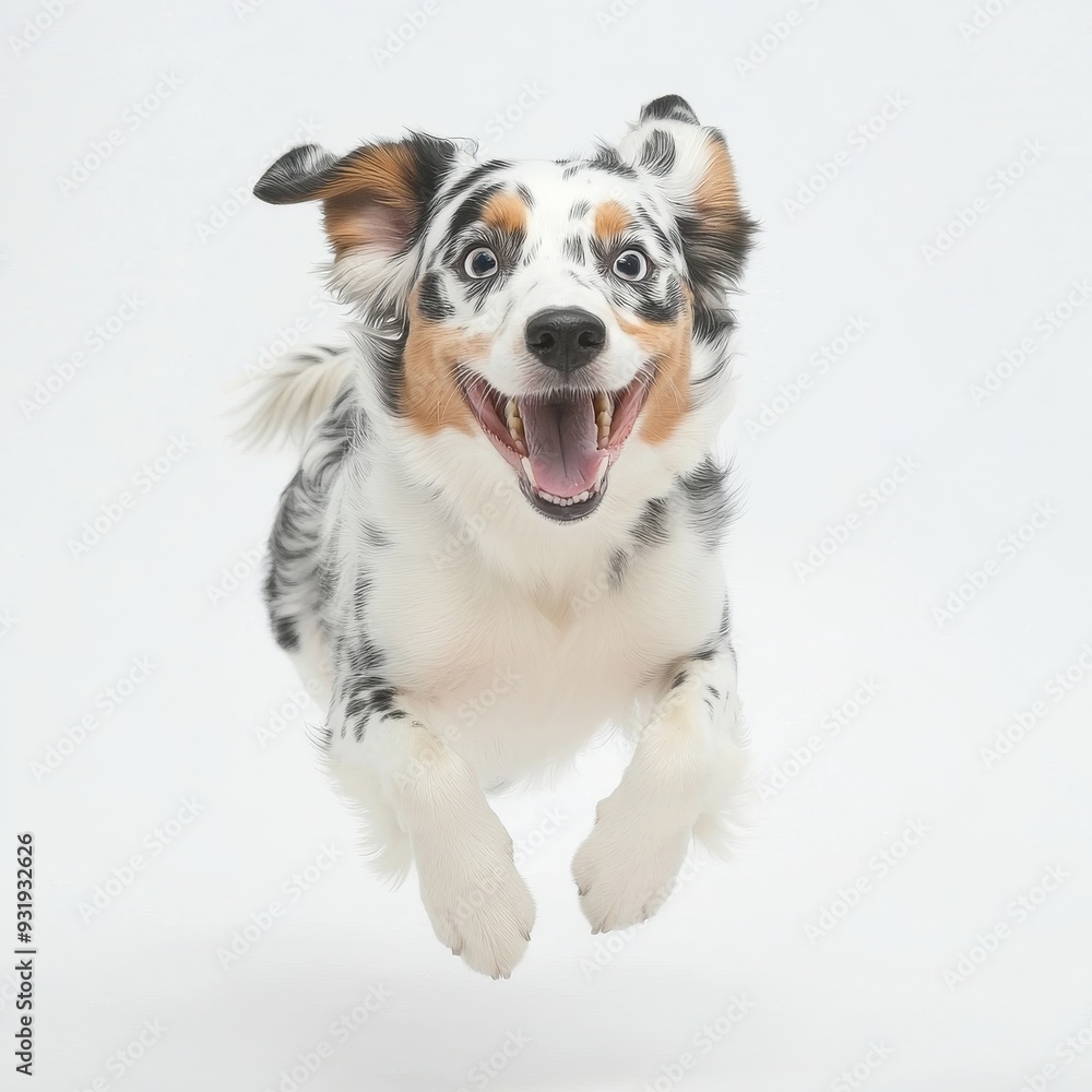 The image shows an Australian shepherd puppy smiling against a white background The image shows an Australian shepherd puppy smiling against a white background