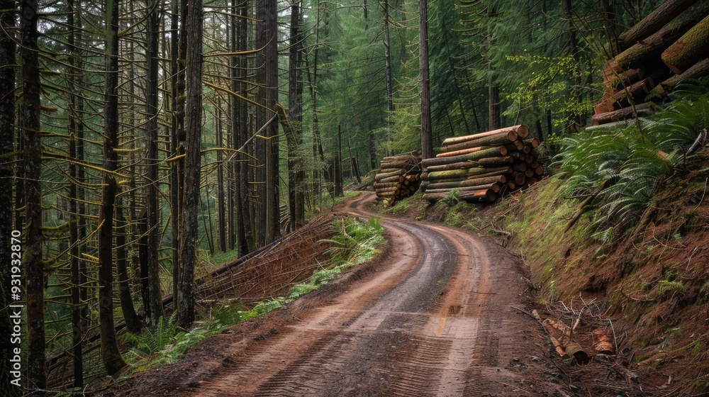 Curving dirt path in a dense forest with stacks of lumber by the wayside indicating recent logging Curving dirt path in a dense forest with stacks of lumber by the wayside indicating recent logging