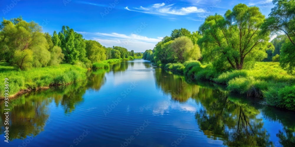 Natural environment with lush greenery, clear blue skies, and flowing waterways, nature, outdoors, landscape, trees Natural environment with lush greenery, clear blue skies, and flowing waterways, nature, outdoors, landscape, trees