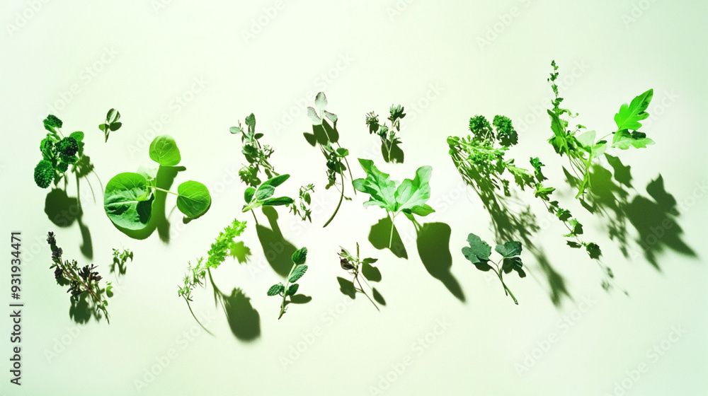 Fresh green herbs casting shadows on a light green background Fresh green herbs casting shadows on a light green background