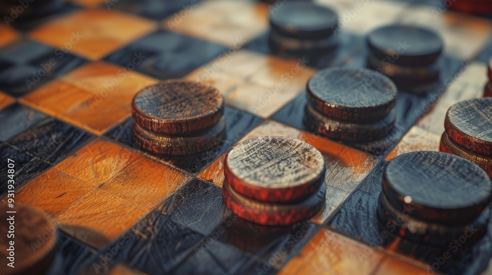 Close up of checkers draughts board game