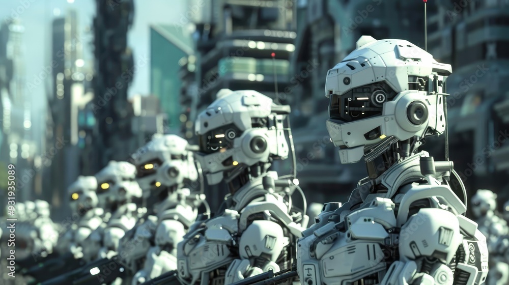 Advanced military robots stand in formation, preparing for action in a futuristic city environment Advanced military robots stand in formation, preparing for action in a futuristic city environment