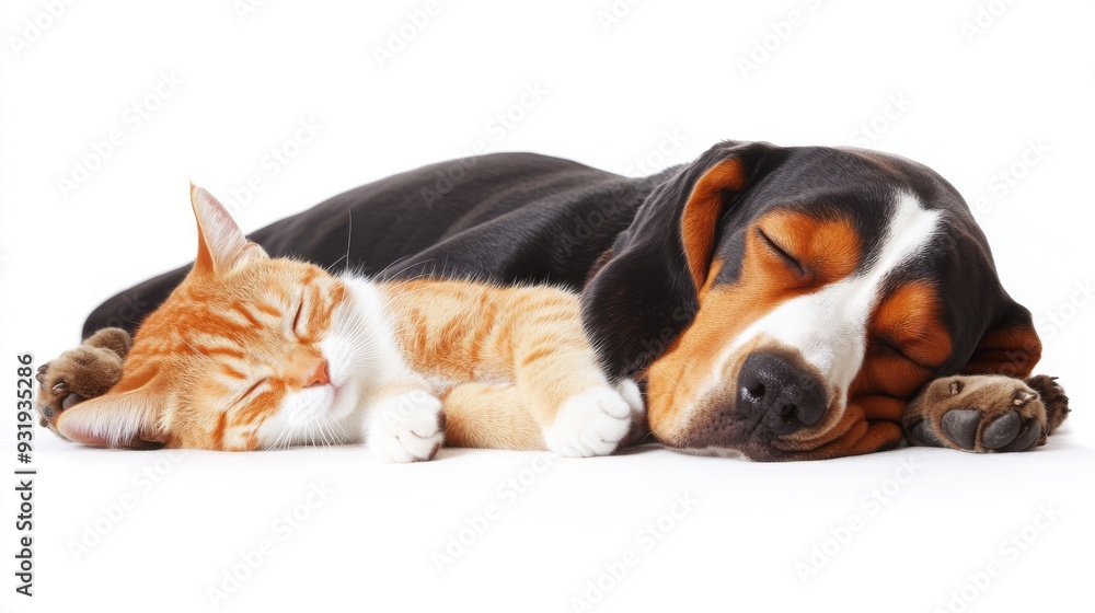 Isolated on a white background, a Basset hound puppy and tabby cat sat together in friendship Isolated on a white background, a Basset hound puppy and tabby cat sat together in friendship