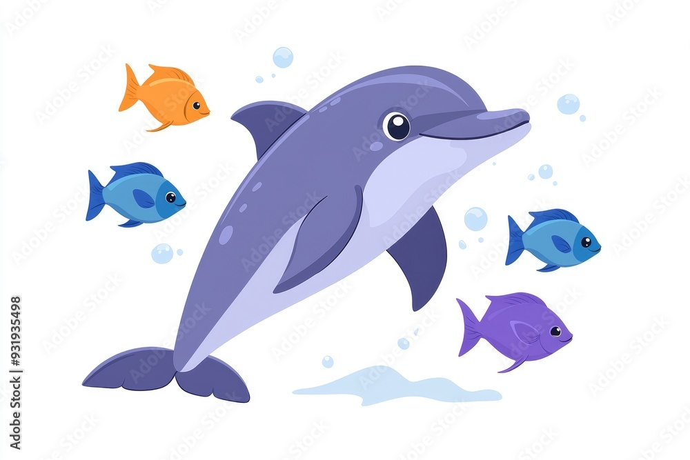 Cartoon Dolphin Swimming with Fish Cartoon Dolphin Swimming with Fish
